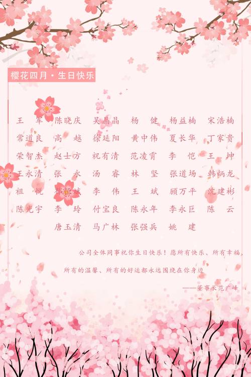 【生日祝福】恭祝4月生日的员工生日快乐！